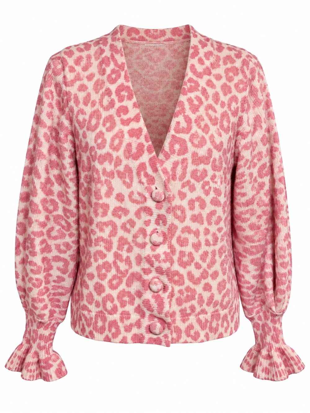 LoveShackFancy Boscom Cardigan Pink Leopard Ruffle Sweater M